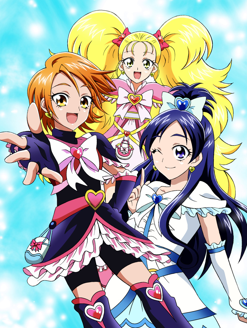 3girls absurdres anime_coloring bag_bow belt belt_bag belt_buckle black_arm_warmers black_dress black_gloves black_leg_warmers black_shorts blonde_hair blue_bag blue_belt blue_brooch blue_sky bow bowtie brooch buckle closed_mouth cloud collarbone commentary_request cowboy_shot cure_black cure_white day dress earrings eyelashes feather-trimmed_dress feather-trimmed_sleeves fingerless_gloves forehead frilled_dress frilled_sleeves frills futari_wa_precure futari_wa_precure_max_heart gloves gold_buckle gold_earrings hair_bow hair_ornament hand_on_own_hip heart heart-shaped_buckle heart_brooch heart_earrings heart_hair_ornament high_ponytail highres jewelry kujou_hikari leg_warmers light_particles long_hair long_sidelocks looking_at_viewer magical_girl medium_dress messy_hair misumi_nagisa multiple_girls offering_hand one_eye_closed open_mouth orange_hair outdoors outstretched_arm outstretched_arms pink_belt pink_bow pink_bowtie pink_brooch pink_dress pointing pointing_up ponytail precure purple_eyes purple_hair raina_(14758801) red_vest ribbon shiny_luminous short_dress short_hair short_ponytail short_sleeves shorts shorts_under_dress sidelocks sky smile swept_bangs turtleneck turtleneck_dress twintails two-tone_bag very_long_hair vest waist_ribbon white_arm_warmers white_bag white_bow white_bowtie white_dress yellow_eyes yellow_ribbon yukishiro_honoka
