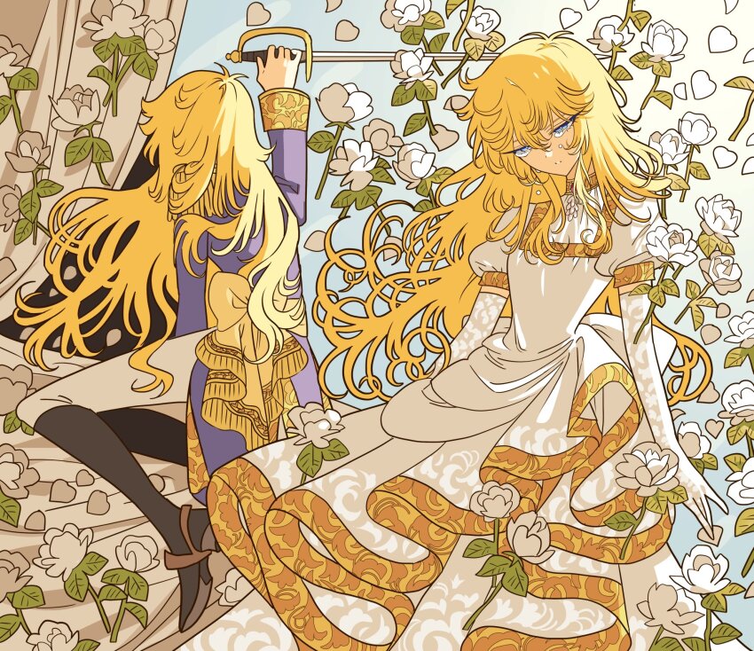 1girl back black_boots blonde_hair blue_eyes blue_jacket boots dress elbow_gloves epaulettes flower gloves highres holding holding_sword holding_weapon jacket long_eyelashes long_hair meremero multiple_views oscar_francois_de_jarjayes puffy_short_sleeves puffy_sleeves short_sleeves sitting solo sword versailles_no_bara weapon white_dress white_flower