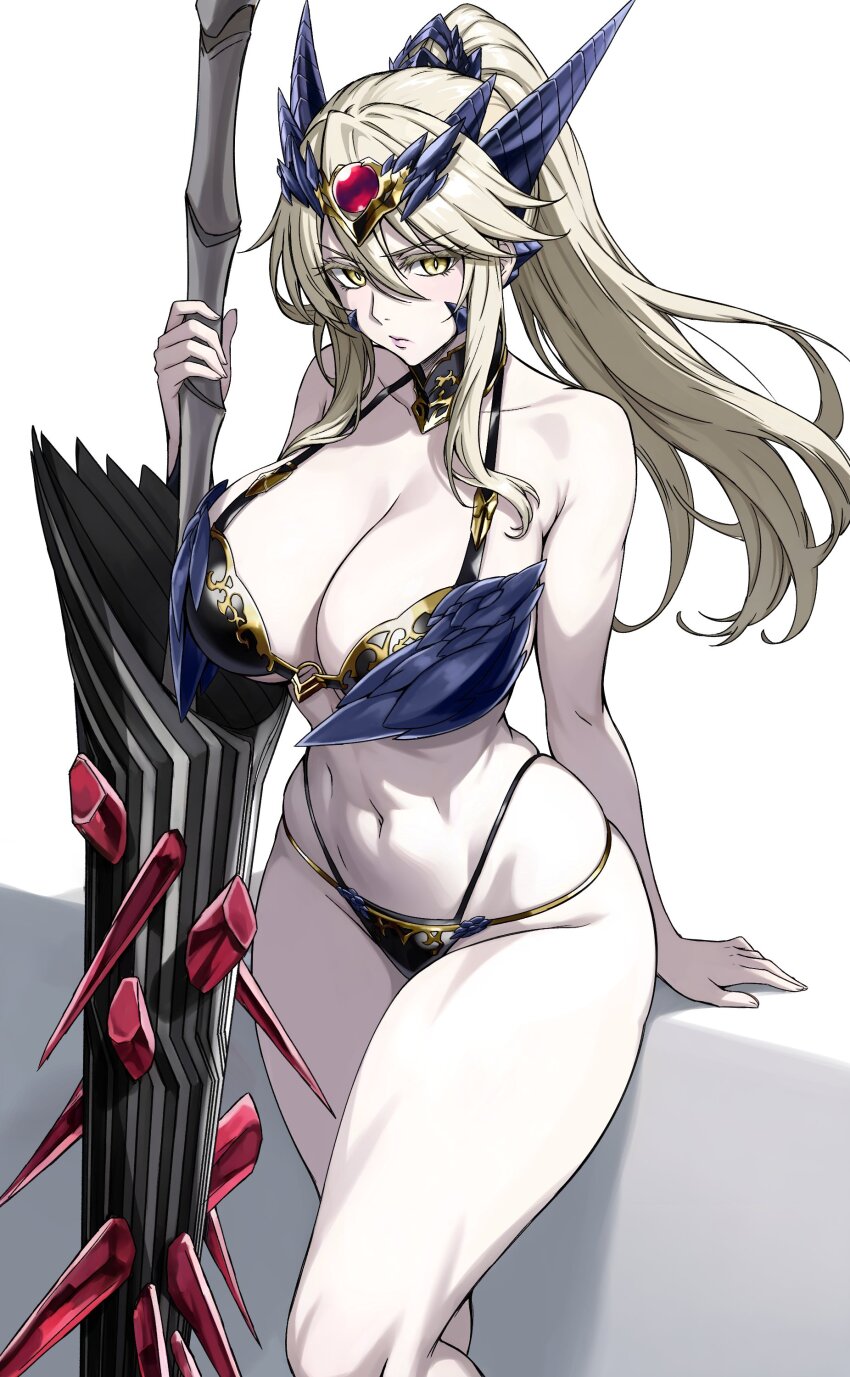 1girl absurdres armor artoria_pendragon_(fate) artoria_pendragon_(lancer_alter)_(fate) bare_shoulders blush breasts commission dark_rhongomyniad_(fate) fate/grand_order fate_(series) highres horns huge_breasts long_hair looking_at_viewer ponytail rhongomyniad_(fate) solo swimsuit thighs underboob underwear yellow_eyes zantyarz