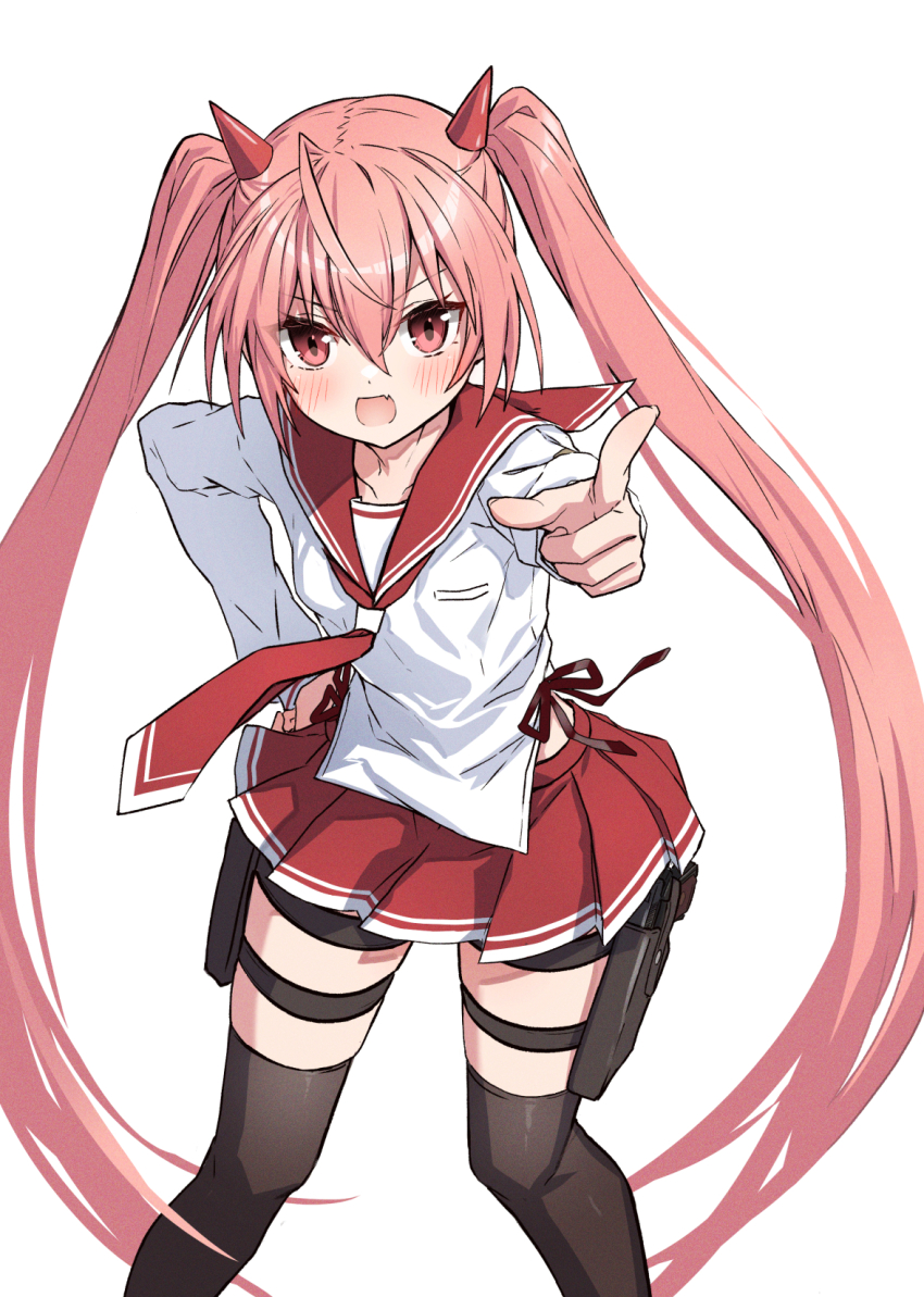 1girl :d ahoge blush commentary_request eyelashes fake_horns fang feet_out_of_frame gun hair_between_eyes hand_on_own_hip hidan_no_aria highres horns index_finger_raised kanzaki_h._aria long_hair long_sleeves looking_at_viewer miniskirt necktie open_mouth pink_hair pleated_skirt pointing pointing_at_viewer red_eyes red_necktie red_sailor_collar red_skirt sailor_collar school_uniform serafuku shirt simple_background skin_fang skirt smile solo standing straight_hair takanashi_kei_(hitsujikan) thigh_strap thighhighs tsurime twintails v-shaped_eyebrows very_long_hair weapon white_background white_shirt zettai_ryouiki