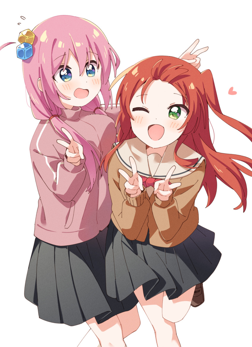 2girls :d ;d alternate_hairstyle black_skirt blue_eyes blush bocchi_the_rock! brown_cardigan brown_shoes cardigan commentary cube_hair_ornament dot_nose flying_sweatdrops foot_up gotoh_hitori green_eyes hair_ornament hands_up haru_(konomi_150) heart highres jacket kita_ikuyo long_hair long_sleeves low-tied_long_hair multiple_girls one_eye_closed one_side_up open_mouth pink_jacket pleated_skirt red_hair sailor_collar shoes simple_background skirt smile track_jacket white_background white_sailor_collar