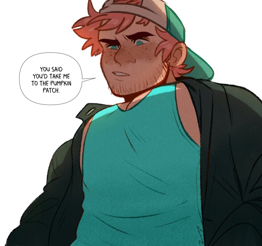 1boy backwards_hat bara baseball_cap beard_stubble blue_tank_top boob_shadow_(meme) english_text facial_hair freckles from_below frown green_eyes hat highres implied_yaoi jacket male_focus meme open_clothes open_jacket original pectoral_cleavage pectorals pink_hair short_hair sidepec solo speech_bubble stubble tank_top thick_eyebrows upper_body wonderarium