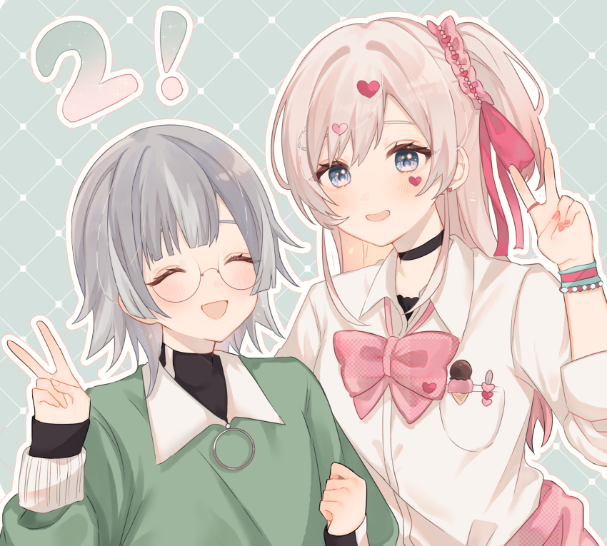 2girls :d ^_^ absurdres black_choker blush bow bowtie bracelet breast_pocket choker closed_eyes commentary facial_mark facing_viewer glasses green_shirt grey_hair gyaru hair_ornament hair_ribbon hair_scrunchie heart heart_facial_mark heart_hair_ornament hifumi_suu highres ima_(kon_kon_5) jewelry kedarui_aashii kimi_no_koto_ga_dai_dai_dai_dai_daisuki_na_100-nin_no_kanojo kogal long_hair long_sleeves looking_at_viewer loose_bowtie mark_under_eye multiple_girls nail_polish one_side_up open_mouth outline pink_bow pink_bowtie pink_nails pink_scrunchie pocket red_ribbon ribbon scrunchie shirt short_hair simple_background sleeves_past_wrists smile v white_outline white_shirt wing_collar