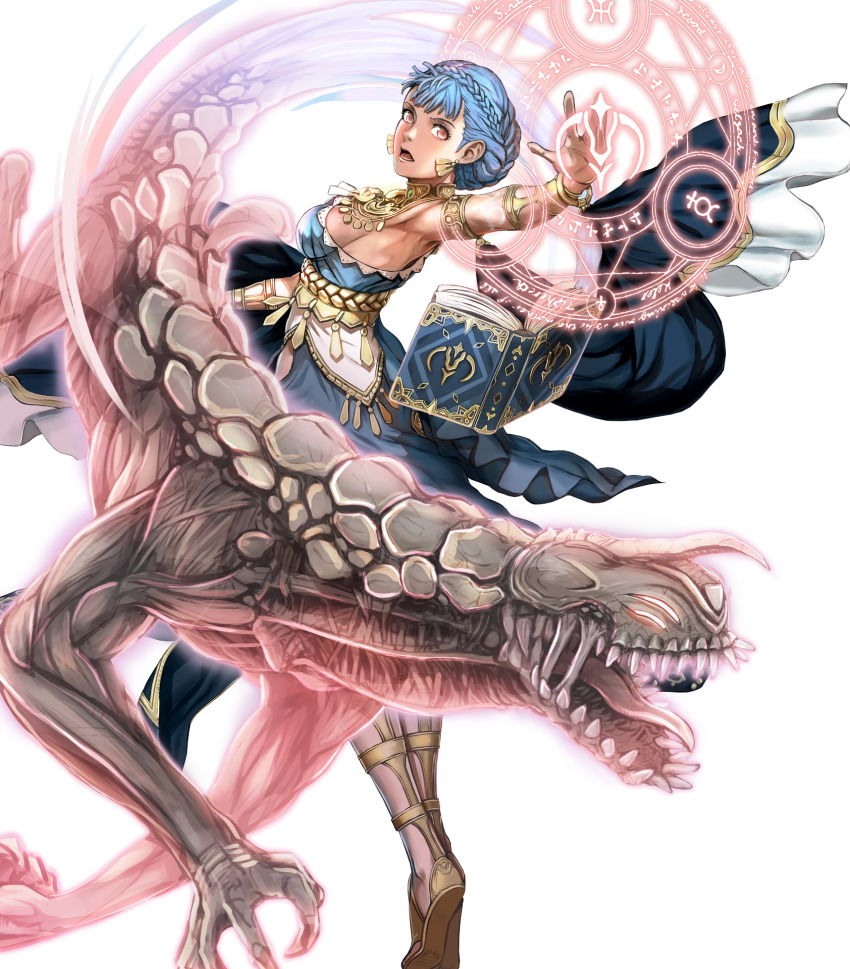1girl alternate_costume armlet armpits bare_shoulders blue_dress blue_hair book bracelet braid breasts brown_eyes crests_(fire_emblem) crown_braid dancer dancer_(fire_emblem:_three_houses) dress earrings female_focus fire_emblem fire_emblem:_three_houses fire_emblem_heroes highres jewelry kusakihara_toshiyuki looking_at_viewer magic_circle marianne_von_edmund marianne_von_edmund_(serene_adherent) marianne_von_edmund_(timeskip) maurice_(fire_emblem) medium_breasts monster nintendo off_shoulder official_art open_mouth short_hair sideboob solo transparent_background twisted_torso