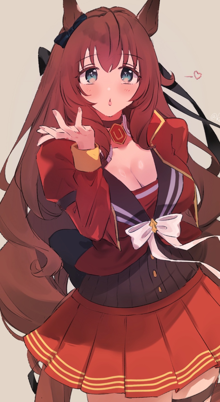 1girl animal_ears blue_eyes blush bow breasts brown_hair chikabe cleavage commentary_request ear_bow garter_straps green_eyes hair_between_eyes highres horse_ears horse_girl horse_tail large_breasts long_hair long_sleeves looking_at_viewer maruzensky_(umamusume) open_mouth red_serafuku red_skirt red_thighhighs school_uniform serafuku shirt simple_background skirt smile solo tail thighhighs umamusume white_background