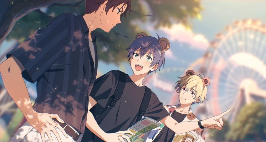 3boys amamine_shu animal_ears backpack bag bear_ears black_shirt blonde_hair blue_eyes blue_hair c.first_(idolmaster) chestnut_sigure fake_animal_ears ferris_wheel fingernails hair_between_eyes hanazono_momohito heart_on_cheek highres idolmaster idolmaster_side-m idolmaster_side-m_growing_stars light_blush male_focus mayumi_eishin multiple_boys open_mouth pointing red_hair shirt short_sleeves striped_clothes striped_shirt teeth upper_teeth_only watch