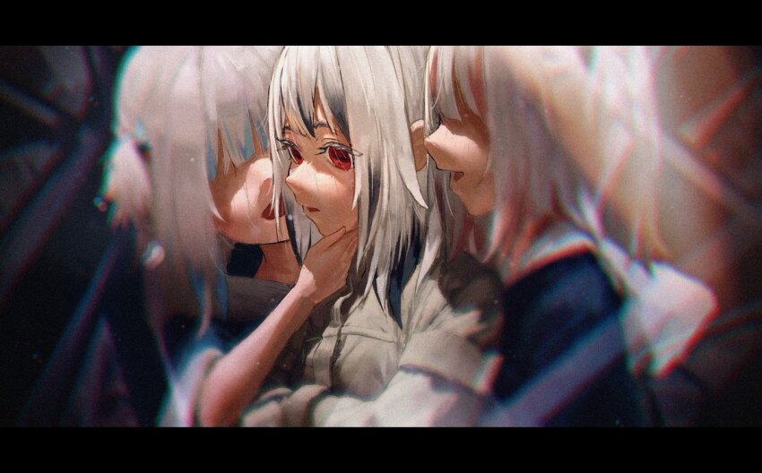 3girls abstract_background dim_lighting gawr_gura glitch hand_on_another&#039;s_chin hololive hololive_english kokono_ka lens_flare lightning_glare multicolored_hair multiple_girls non-web_source short_hair two-tone_hair underlighting virtual_youtuber white_hair