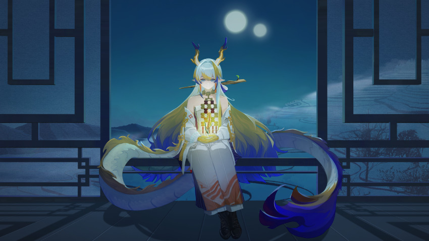 1girl arknights bare_shoulders blonde_hair colored_extremities commentary dragon_girl dragon_horns dragon_tail earrings full_body full_moon grey_eyes grey_hair hair_between_eyes hair_intakes highres holding holding_plant horns jacket jewelry long_hair long_sleeves moon multicolored_hair multiple_moons necklace night off_shoulder own_hands_together pants plant pointy_ears purple_hair puxiabcde_(zhu_mu_zhi) shu_(arknights) sitting solo strapless symbol-only_commentary tail tree tube_top very_long_hair wheat white_jacket white_pants white_tube_top