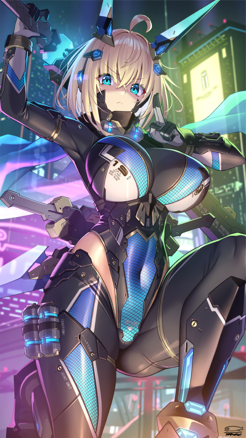 1girl absurdres aqua_eyes armored_bodysuit blonde_hair bodysuit breasts building closed_mouth commentary_request covered_navel hair_between_eyes highres hip_vent holding holding_behind_back holding_sword holding_sword_behind_back holding_weapon holding_weapon_behind_back impossible_bodysuit impossible_clothes kuji-in large_breasts looking_at_viewer mecha_musume night ninja on_one_knee original short_hair solo sophia_f_shirring sword takamine_nadare weapon weapon_on_back