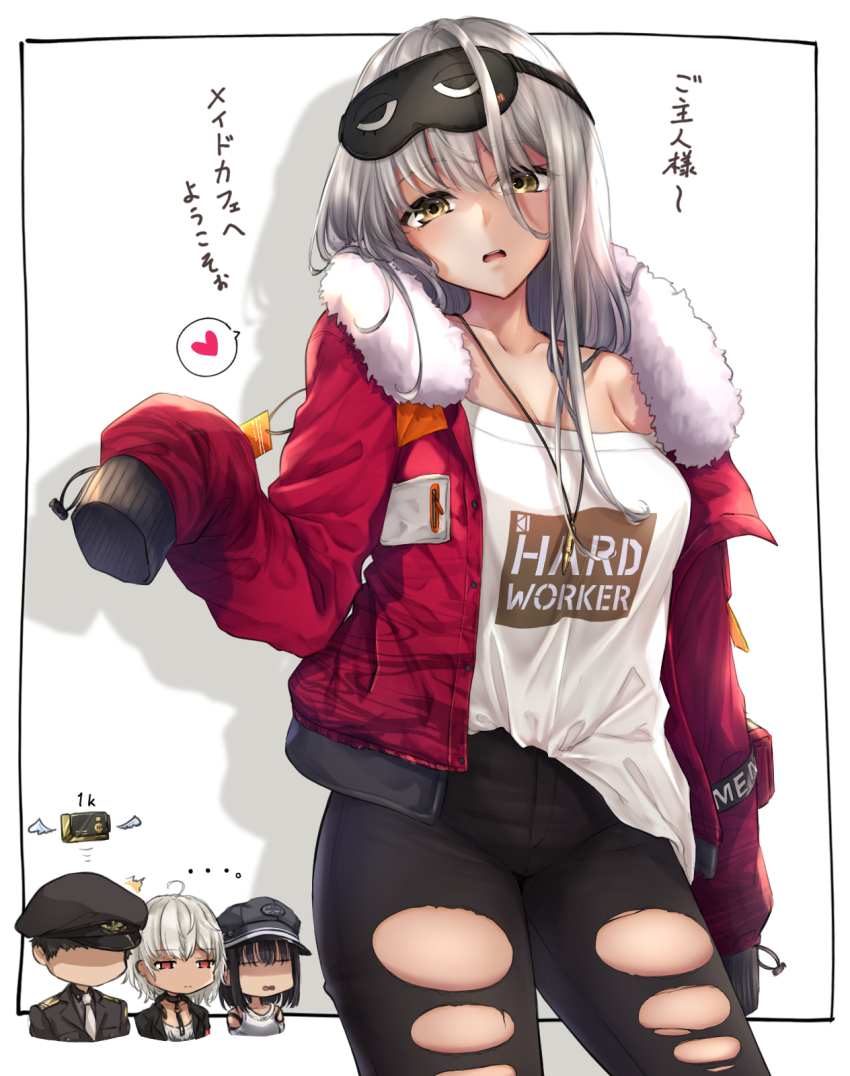 1boy 3girls ahoge armband band_shirt belt black_footwear black_jacket black_mask black_pants bob_cut breasts chibi choker cleavage clothes_writing collarbone commander_(nikke) dark-skinned_female dark_skin frima_(nikke) goddess_of_victory:_nikke green_eyes grey_hair highres holster jacket large_breasts leather leather_jacket leather_pants long_hair looking_at_viewer mask_pull merchandise milk_(nikke) mini_dang01 multiple_girls off_shoulder pants pillow red_armband red_eyes shirt short_hair sleep_mask solo_focus squatting sugar_(nikke) t-shirt torn_clothes torn_pants translated weapon white_hair white_shirt
