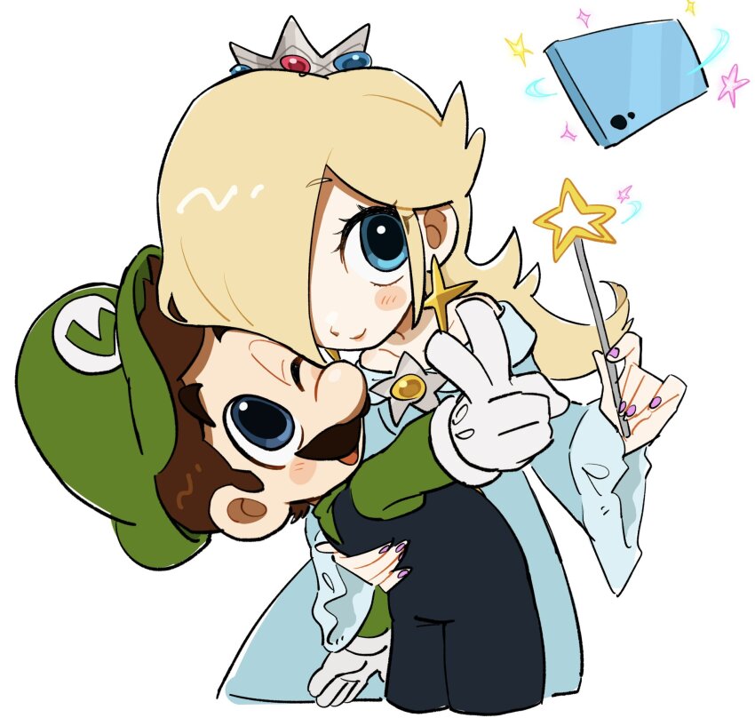 1boy 1girl arm_around_shoulder blonde_hair blue_dress blue_eyes blue_overalls brown_hair crown dress earrings facial_hair floating floating_object gloves green_hat green_shirt hair_over_one_eye hand_on_another&#039;s_shoulder hat highres holding holding_wand jewelry long_hair long_sleeves looking_at_phone luigi mario_(series) mimimi_(mimimim9999) mustache nail_polish nintendo one_eye_closed open_mouth overalls phone princess purple_nails rosalina selfie shirt short_hair simple_background smile sparkle super_mario_galaxy upper_body v wand white_background white_gloves