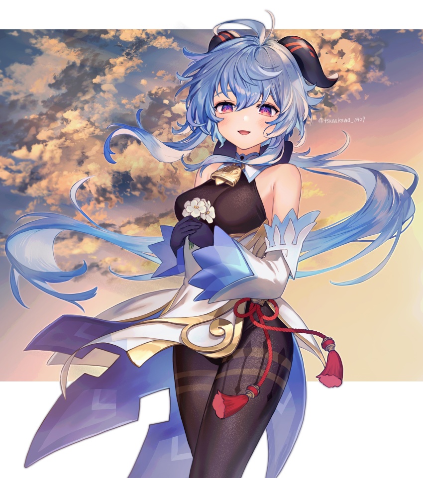 1girl absurdres ahoge bare_shoulders bell black_gloves blue_hair blush breasts brown_pantyhose chinese_knot commentary_request curled_horns detached_sleeves flower flower_knot ganyu_(genshin_impact) genshin_impact gloves gold_trim highres holding holding_flower horns jewelry large_breasts long_hair looking_at_viewer low_ponytail medium_breasts neck_bell open_mouth pantyhose ponytail purple_eyes qingxin_flower red_horns sidelocks solo standing tassel thighlet tsunakawa twitter_username vision_(genshin_impact) white_sleeves