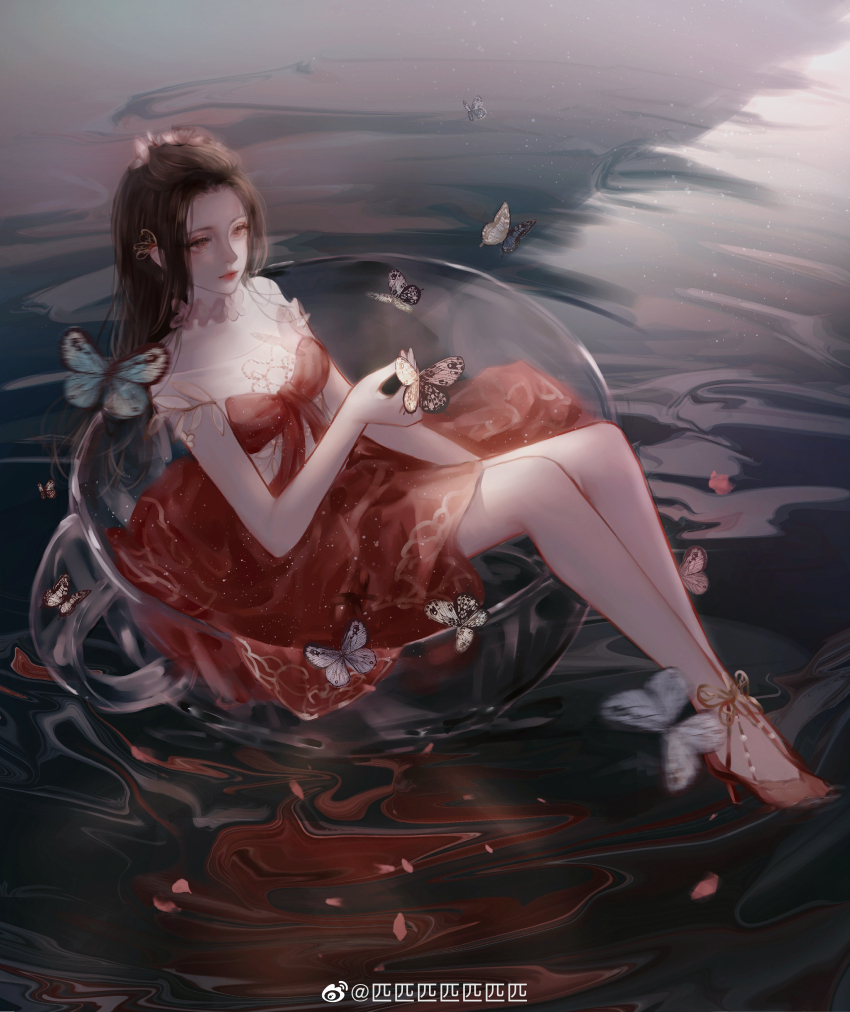 1girl absurdres bangs_pinned_back bare_legs blue_butterfly brown_eyes brown_hair bug butterfly butterfly_on_hand character_request chinese_commentary choker closed_mouth collarbone commentary_request cup dress expressionless eyelashes eyeshadow floating flower forehead frilled_sleeves frills full_body hair_flower hair_ornament high_heels highres in_container in_cup insect jiaopiupiu lace lace_choker light_particles lipstick long_hair looking_at_animal makeup nikki_(series) outdoors pink_flower pleated_dress red_dress red_footwear red_lips reflection reflective_water ripples shining_nikki short_dress short_sleeves sitting solo stiletto_heels straight_hair teacup water watermark weibo_watermark white_butterfly white_choker white_sleeves
