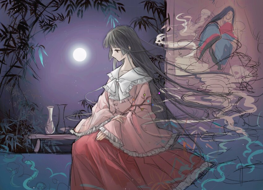 1girl 80isiiii absurdres bamboo bow branch collarbone expressionless frilled_bow frilled_shirt_collar frilled_skirt frilled_sleeves frills from_side full_moon highres hime_cut houraisan_kaguya jeweled_branch_of_hourai kaguya_hime leaf long_hair long_skirt long_sleeves moon night night_sky pink_shirt red_skirt shirt sitting sketch skirt sky sleeves_past_wrists star_(sky) taketori_monogatari touhou very_long_hair