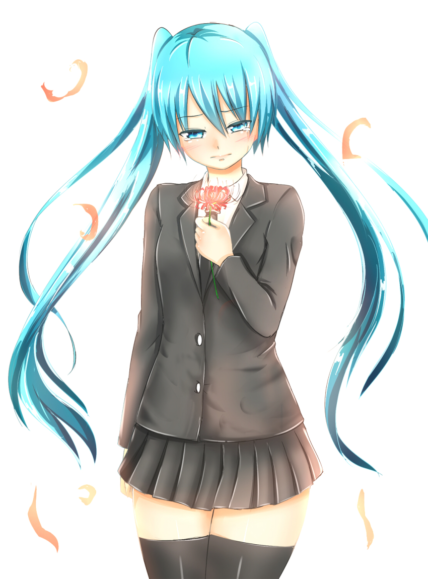 1girl baretto_(karasi07) black_necktie black_skirt black_thighhighs blue_eyes blue_hair female_focus hatsune_miku hatsune_miku_(saihate) highres holding long_hair looking_at_viewer matching_hair/eyes necktie pleated_skirt saihate_(vocaloid) skirt solo thighhighs twintails vocaloid zettai_ryouiki