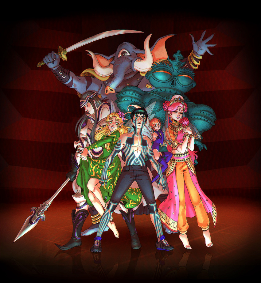 3girls 4boys :&lt; absurdres arahabaki_(megami_tensei) armor barefoot black_hair blonde_hair closed_eyes clothes_lift cu_chulainn_(megami_tensei) demi-fiend demon demon_boy digital_devil_saga dress dress_lift earrings elephant fairy fairy_wings fighting_stance floating flower girimehkala green_dress green_eyes grey_eyes hair_flower hair_ornament highres holding holding_polearm holding_sword holding_weapon indian_clothes jewelry leotard looking_at_viewer looking_down multiple_boys multiple_girls one-eyed parvati_(megami_tensei) pink_flower pink_hair pixie_(megami_tensei) polearm reflective_floor shin_megami_tensei shin_megami_tensei_iii:_nocturne shoes shorts smile sneakers spear standing statue stella_violari sword tattoo thighhighs tiara titania_(megami_tensei) topless_female topless_male weapon wings yellow_eyes
