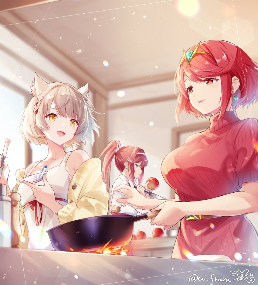 3girls alternate_costume animal_ears cat_ears cooking glimmer_(xenoblade) half-siblings high_ponytail highres mio_(xenoblade) mother_and_daughter multiple_girls ponytail pyra_(xenoblade) red_eyes red_hair siblings sisters ui_frara xenoblade_chronicles_(series) xenoblade_chronicles_2 xenoblade_chronicles_3 xenoblade_chronicles_3:_future_redeemed