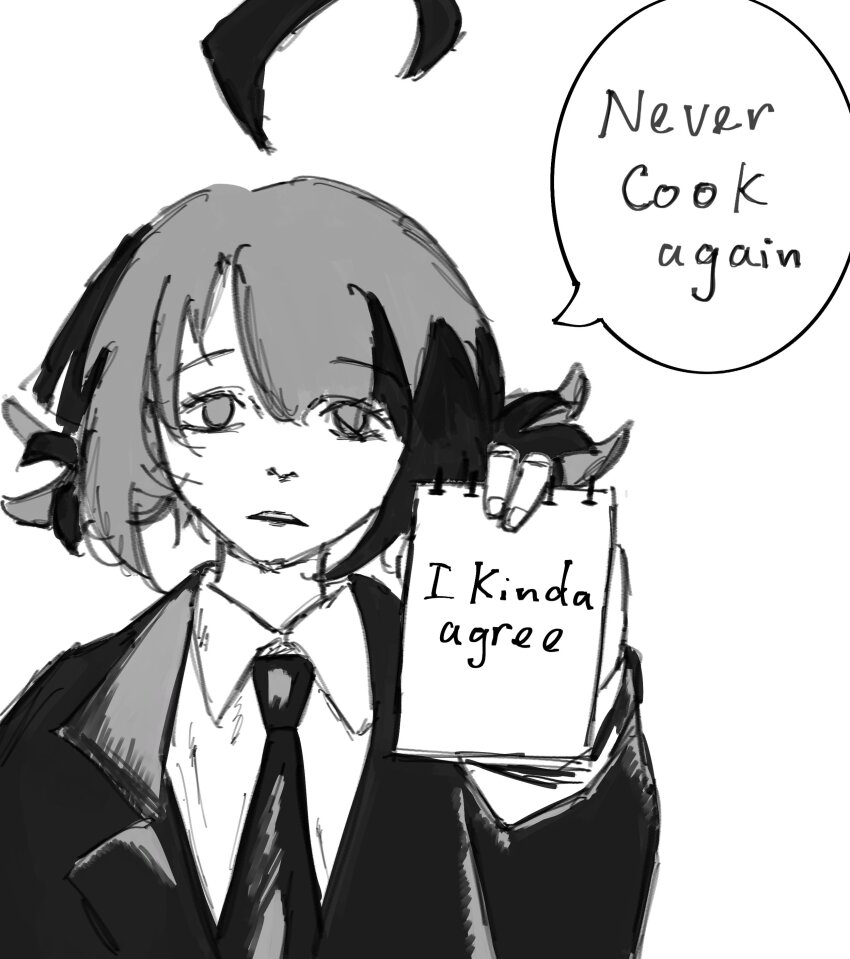 1girl absurdres ahoge coat collared_shirt cosplay detached_ahoge english_text gigi_murin greyscale highres holding holding_notepad hololive hololive_english jessciaronie kishibe_(chainsaw_man) kishibe_(chainsaw_man)_(cosplay) looking_at_viewer monochrome necktie notepad scene_reference shirt solo speech_bubble trench_coat virtual_youtuber