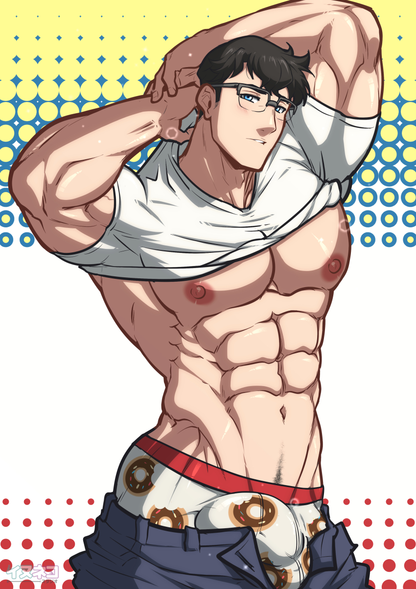 1boy abs absurdres bara bare_pectorals black_hair black_pants blue_eyes clark_kent clothes_pull dc_comics donut_print food_print glasses highres inunekostudio large_pectorals male_focus male_underwear muscular muscular_male my_adventures_with_superman navel nipples pants pants_pull pectorals print_male_underwear shirt short_hair solo superman superman_(series) underwear white_male_underwear white_shirt