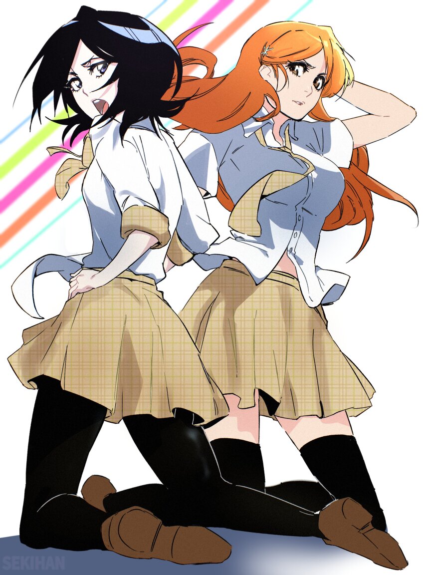 2girls absurdres black_hair black_thighhighs bleach blue_eyes breasts brown_hair eyelashes highres inoue_orihime kuchiki_rukia large_breasts lips long_hair loose_clothes loose_shirt multiple_girls necktie non-web_source open_mouth orange_hair school_uniform sekihan_(6kihan) shirt short_hair simple_background skirt thighhighs