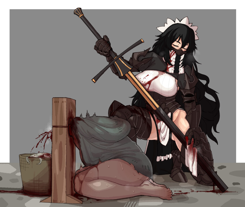 2girls absurdres armor armored_corset armored_legwear arms_behind_back barefoot black_hair blood blood_on_breasts blood_on_clothes blood_on_ground bloody_weapon borrowed_character breasts closed_eyes closed_mouth collared_shrug commentary covered_mouth dark-skinned_female dark_skin decapitation ebonyxh english_commentary execution executioner&#039;s_sword executioner_maid_(centurii-chan) frilled_skirt frills gauntlets grey_background hair_between_eyes highres kneeling large_breasts long_bangs long_hair long_sword maid maid_headdress multiple_girls no_panties original pelvic_curtain restrained shrug_(clothing) simple_background skirt solaria_(ebonyxh) steaming_body sweat sword two-handed_sword veil very_sweaty weapon white_background white_hair wiping_blood zweihander