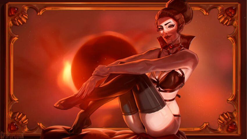 1girl artist_name cptpopcorn critical_role dungeons_&amp;_dragons dungeons_&amp;_dragons leather looking_at_viewer pinup_(style) red_eyes sitting smile solo