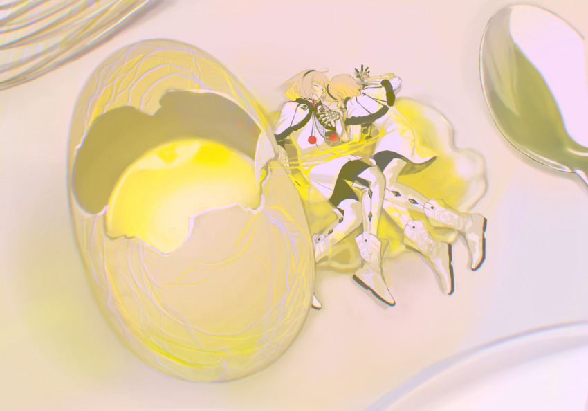 1boy 1girl ahoge black_gloves black_hairband black_pantyhose blonde_hair boots brother_and_sister brother_one capelet closed_eyes cracked_egg drag-on_dragoon drag-on_dragoon_3 drawstring dress egg egg_yolk gauntlets gloves hairband highres long_sleeves lying mini_person miniboy minigirl on_side one_(drag-on_dragoon) pantyhose pom_pom_(clothes) short_hair siblings spoilers spoon thigh_boots white_boots white_capelet white_dress wide_shot ye_(pixiv4862539)