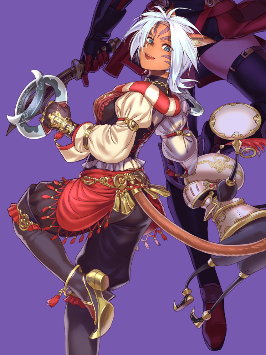 2girls :d animal_ear_fluff animal_ears automaton blue_eyes blue_pupils cat_ears cat_girl cat_tail cross-laced_clothes dark-skinned_female dark_skin facial_mark final_fantasy final_fantasy_xi gloves highres hume leg_up long_sleeves mithra_(ff11) multiple_girls no_eyebrows open_mouth puffy_sleeves puppetmaster purple_background red_mage_(final_fantasy) short_hair simple_background three-quarter_sleeves smile solo_focus tail teeth white_hair yuccoshi