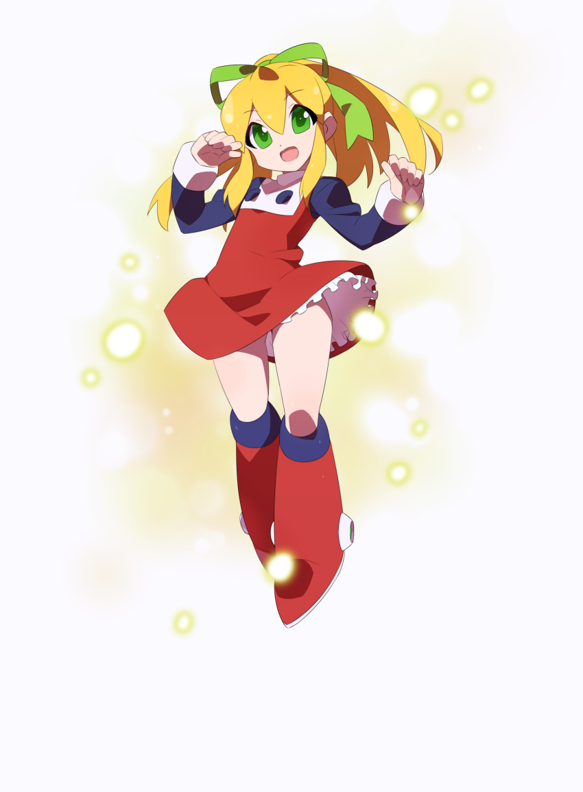 absurdres android armored_boots armored_legwear arms_up blonde_hair blurry blurry_background boots capcom clenched_hand clenched_hands green_eyes green_ribbon hair_between_eyes hair_over_shoulder hair_ribbon henshin highres joints kaidou_zx knee_boots long_hair long_sleeves looking_at_viewer marvel_vs._capcom marvel_vs._capcom_2 mechanical_boots mega_man_(series) miniskirt open_mouth red_boots red_skirt ribbon robot_girl robot_joints roll_(mega_man) sidelocks simple_background skirt smile sparks transformation white_background