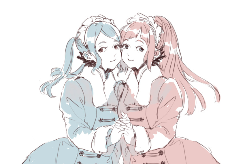 2girls ai-wa alternate_costume blue_hair felicia_(fire_emblem) fire_emblem fire_emblem_fates flora_(fire_emblem) highres holding_hands maid maid_headdress multiple_girls nintendo pink_hair ponytail siblings sisters twins