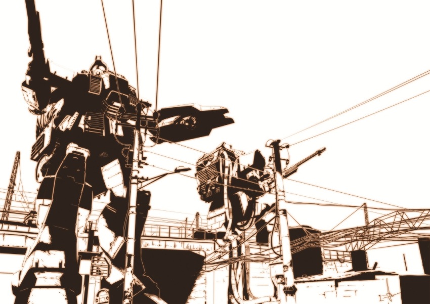 gm_sniper ground_gm gun gundam gundam_08th_ms_team holding holding_weapon mecha monochrome no_humans red_ace robot sepia shield utility_pole weapon wire