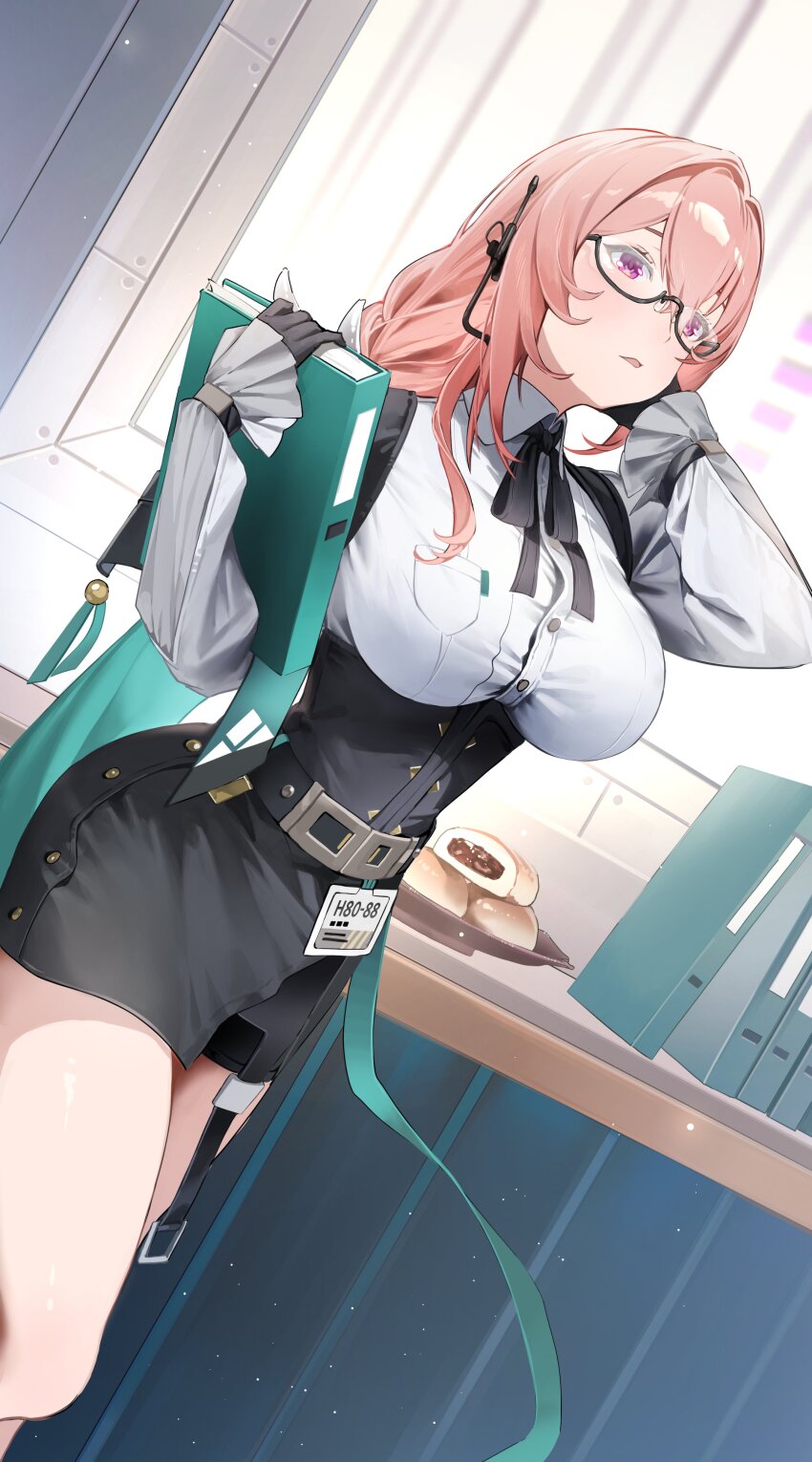 1girl absurdres belt black-framed_eyewear black_gloves black_neckerchief black_skirt breasts button_gap collared_shirt commentary dress_shirt dutch_angle earpiece english_commentary food glasses gloves hair_intakes high-waist_skirt highres holding_binder indoors kkopoli large_breasts long_hair looking_up neckerchief open_mouth pastry pencil_skirt pink_eyes pink_hair plate semi-rimless_eyewear shirt skirt solo standing tag tsukishiro_yanagi white_shirt zenless_zone_zero