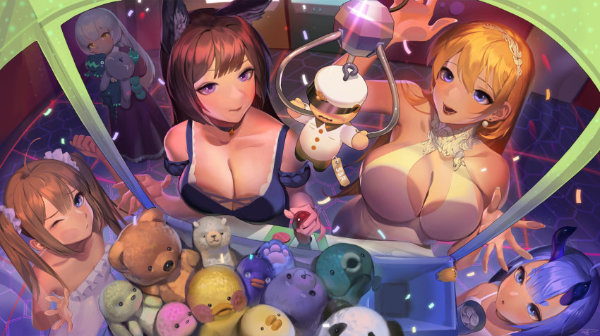 5girls against_glass amagi_(azur_lane) amazon_(azur_lane) animal_ears azur_lane bare_shoulders blonde_hair blue_eyes blue_hair blunt_bangs breast_press breasts breasts_on_glass brown_hair choker cleavage closed_mouth collarbone crane_game damiaodi dress fox_ears frilled_dress frills from_above hair_ornament hair_scrunchie highres hime_cut holding holding_stuffed_toy horns i-13_(azur_lane) indoors large_breasts long_hair looking_at_viewer multiple_girls north_carolina_(azur_lane) hugging_object one_eye_closed open_mouth purple_dress purple_eyes scrunchie silver_hair sleeveless sleeveless_dress small_breasts smile standing strapless strapless_dress stuffed_alpaca stuffed_animal stuffed_dolphin stuffed_duck stuffed_panda stuffed_rabbit stuffed_toy teddy_bear twintails very_long_hair white_dress yellow_eyes z46_(azur_lane)