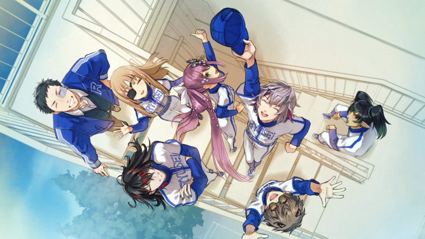 2girls 5boys :d ^_^ alban_knox arm_up arms_up baseball_cap baseball_jersey baseball_uniform black_bow black_hair blue_hat blue_jacket blue_shirt blue_sky blue_socks blue_vest bow breasts brown-tinted_eyewear brown_eyes brown_hair building closed_eyes closed_mouth clothes_writing cloud collared_shirt commentary_request crossed_arms crossed_bangs day earrings eyepatch eyeshadow fangs flower from_above fuwa_minato glasses gradient_hair green_eyes green_hair green_lips grey_hair grin hair_between_eyes hair_bow hair_flower hair_ornament hair_over_one_eye hanabatake_chaika hand_on_own_hip hand_up hat highres holding holding_unworn_clothes holding_unworn_hat jacket jersey jewelry jikkyou_powerful_pro_yakyuu layered_sleeves long_hair long_sleeves looking_up low_twintails makeup medium_breasts monocle multicolored_hair multiple_boys multiple_girls nijisanji nijisanji_en one_eye_covered open_clothes open_jacket open_mouth outdoors pants parted_bangs pink_flower pink_hair pointy_ears purple_hair railing red_eyeshadow red_hair round_eyewear sakura_ritsuki shirt shoes short_hair short_over_long_sleeves short_sleeves single_earring sister_claire sitting sitting_on_stairs sky smile sneakers socks sportswear stairs stairwell standing streaked_hair succo_gura tassel tassel_earrings teeth thumbs_up tinted_eyewear tree turtleneck twintails unworn_hat unworn_headwear upper_teeth_only very_long_hair very_short_hair vest virtual_youtuber vox_akuma waving white_bow white_footwear white_pants white_shirt wing_collar yashiro_kizuku