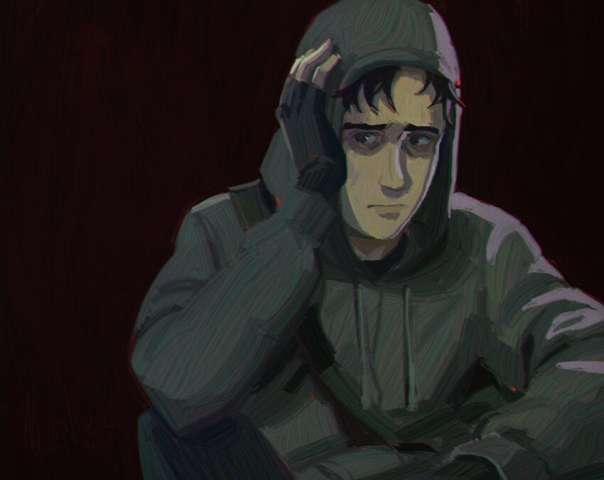 1boy :| absurdres bag bags_under_eyes black_background black_eyes black_gloves black_hair closed_mouth cry_of_fear fingerless_gloves gloves grey_hoodie hand_on_lap highres hood hood_up hoodie male_focus neo_jpeg nervous partially_shaded_face short_hair shoulder_bag simon_henriksson sitting solo upper_body