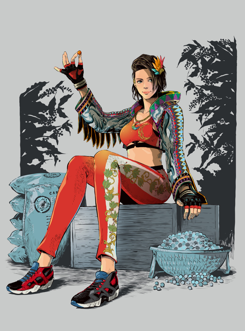 absurdres aqua_eyes arm_up azucena_milagros_ortiz_castillo black_gloves box brown_hair cropped_jacket dark-skinned_female dark_skin fingerless_gloves full_body gloves grey_background hand_rest highres holding jbstyle jewelry looking_to_the_side necklace non-web_source official_art on_box pants red_pants red_sports_bra shoes short_hair sitting sitting_on_box smile sneakers sports_bra tekken tekken_8