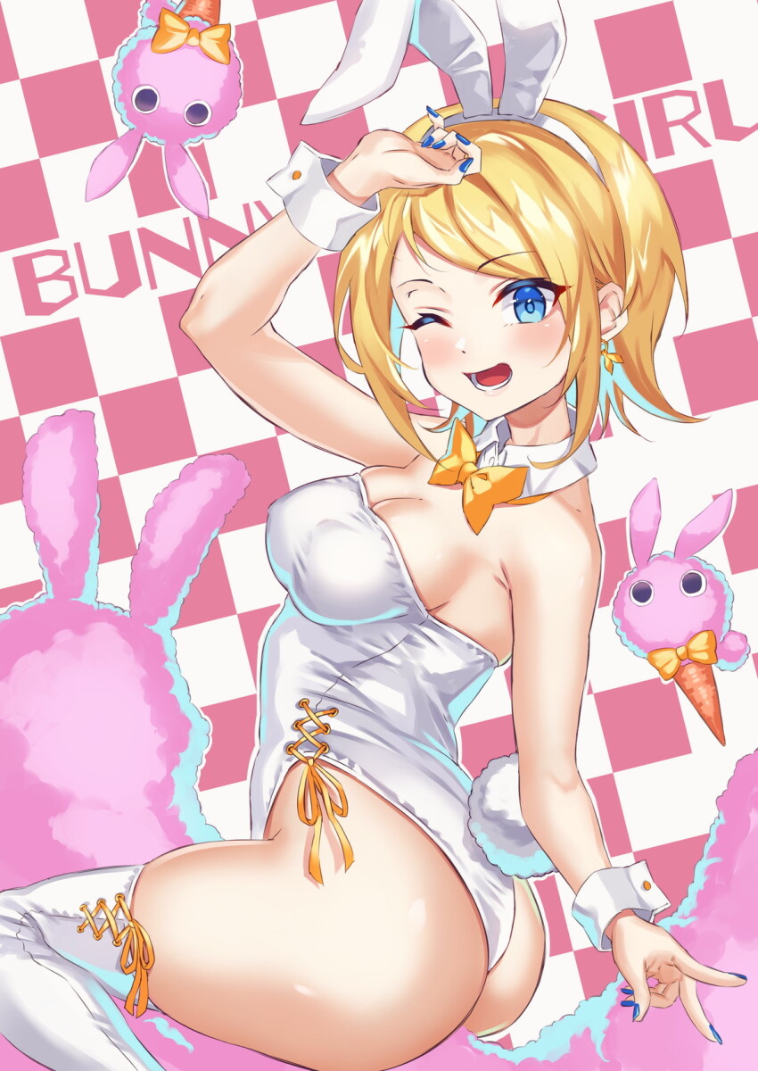 1girl animal_ears artist_request ass bare_shoulders blonde_hair blue_eyes blush breasts carrot earrings fake_animal_ears from_behind highres jewelry kagamine_rin leotard looking_at_viewer medium_breasts one_eye_closed playboy_bunny rabbit_ears rabbit_tail short_hair sideboob smile tail thighhighs vocaloid wink wrist_cuffs