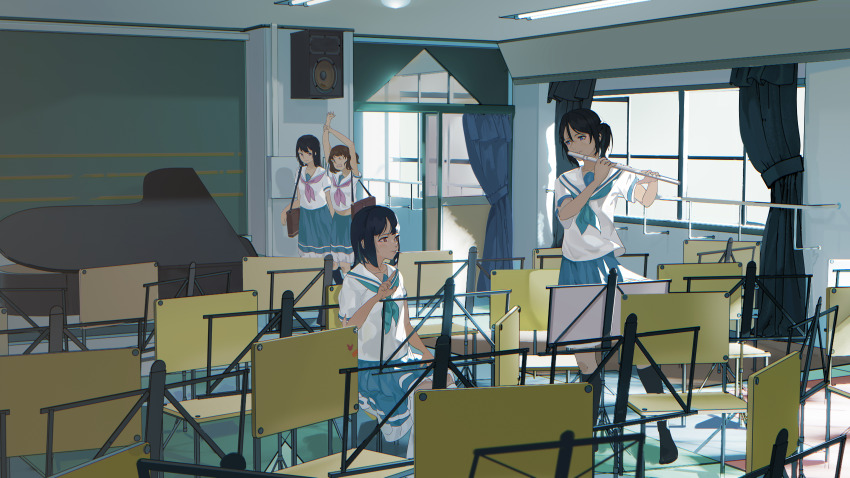 &gt;_&lt; 4girls absurdres arms_up bag bigchaping black_hair black_socks blue_eyes blue_neckerchief blue_skirt brown_hair ceiling ceiling_light chair chalkboard classroom closed_mouth collarbone collared_shirt curtains flute full_body grand_piano hand_on_own_arm hands_up hibike!_euphonium highres holding holding_bag indoors instrument kasaki_nozomi kitauji_high_school_uniform kousaka_reina liz_to_aoi_tori long_hair looking_at_another medium_hair medium_skirt multiple_girls music music_stand neckerchief no_shoes on_chair oumae_kumiko piano pink_neckerchief playing_flute playing_instrument pleated_skirt purple_eyes red_eyes sailor_collar school_bag school_uniform serafuku shirt short_hair short_sleeves sidelocks sitting skirt sliding_doors socks speaker standing untucked_shirt walking wavy_mouth white_sailor_collar white_serafuku window yawning yoroizuka_mizore