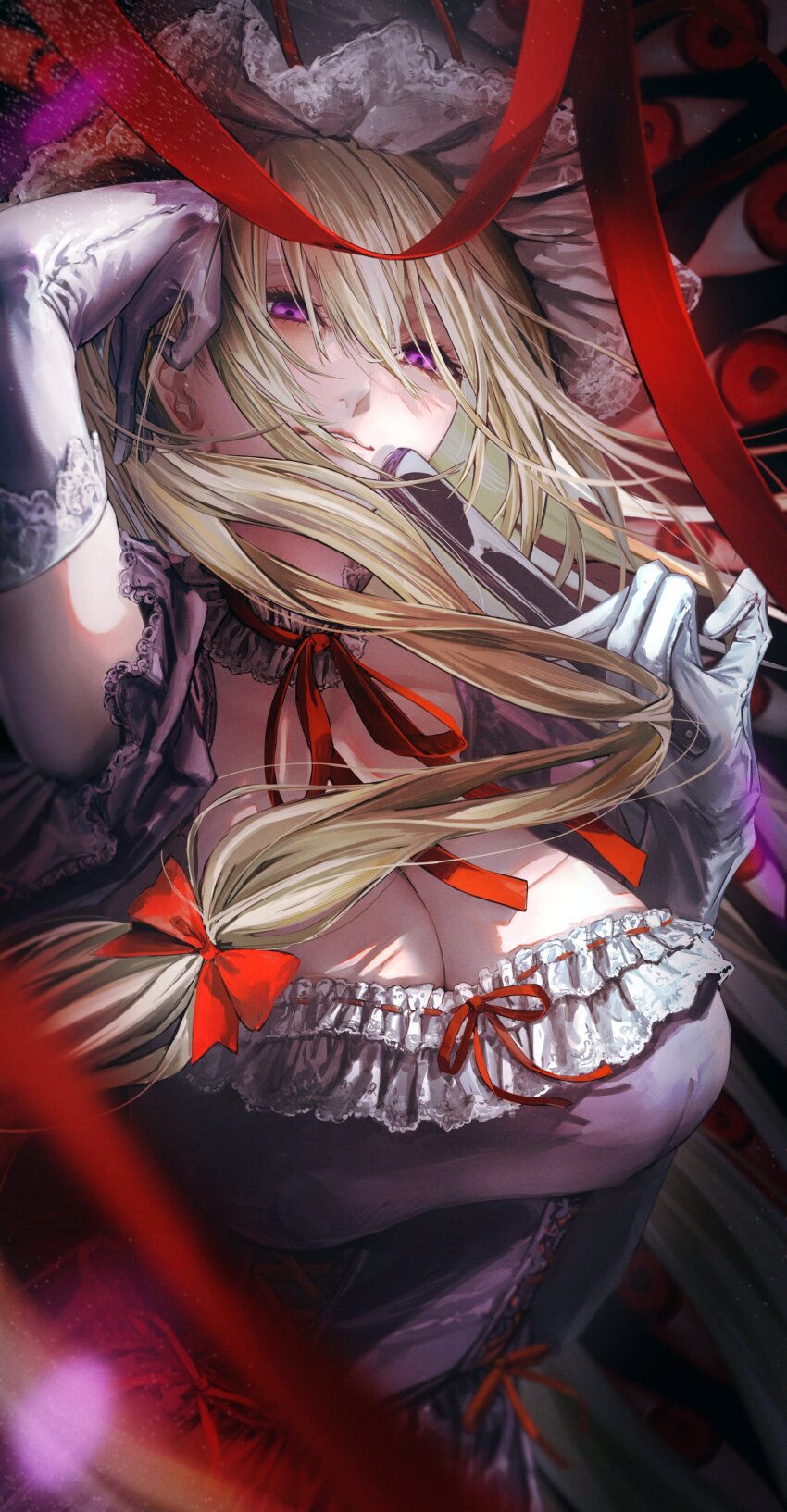 1girl absurdres arm_up blonde_hair breasts choker cleavage commentary curled_fingers dress elbow_gloves eyebrows_hidden_by_hair eyelashes fan_to_mouth folding_fan frilled_dress frills gap_(touhou) gloves hair_between_eyes hair_ribbon hand_fan hand_on_own_head hands_up hat highres holding holding_fan lace lace-trimmed_dress lace_trim large_breasts long_hair looking_at_viewer mob_cap nose parted_lips purple_dress purple_eyes red_choker red_ribbon ribbon safutsuguon short_sleeves solo touhou white_gloves yakumo_yukari