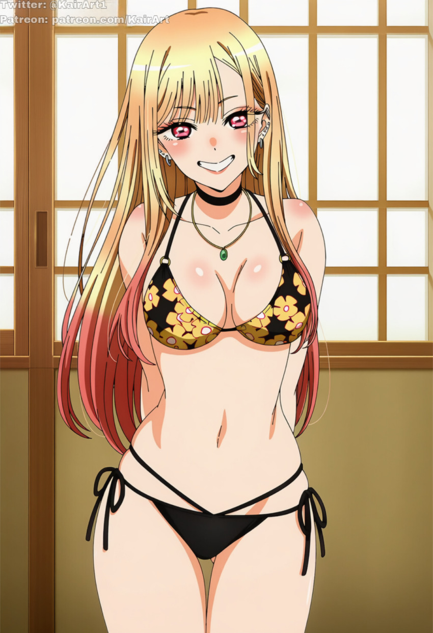 1girl artist_name bikini breasts cowboy_shot grin highres kairart kitagawa_marin medium_breasts navel non-web_source patreon_username smile solo sono_bisque_doll_wa_koi_wo_suru standing swimsuit third-party_edit twitter_username