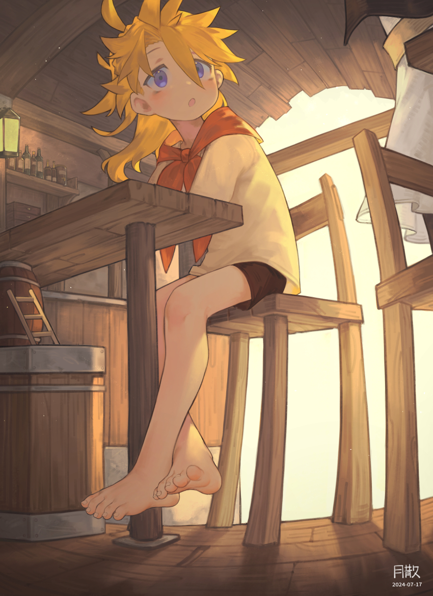 1boy 1girl :o absurdres backlighting barefoot black_shorts blonde_hair blush chair dated feet hair_between_eyes highres legs light_particles long_hair male_focus messy_hair neckerchief original purple_eyes red_neckerchief shirt short_shorts shorts sitting skirt solo_focus table toes tsukibara
