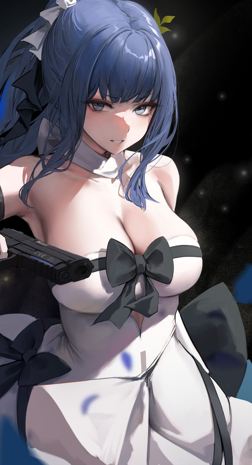 1girl absurdres bare_shoulders bible_verse black_background black_bow blue_archive blue_eyes blue_hair blue_petals bow breasts cleavage collarbone dress dress_bow gun hair_ornament handgun highres holding holding_gun holding_weapon large_breasts leviathan_(hikinito0902) long_hair looking_at_viewer motion_blur ponytail saori_(blue_archive) saori_(dress)_(blue_archive) sig_p220/p226 sig_sauer simple_background solo strapless strapless_dress upper_body v-shaped_eyebrows weapon white_dress