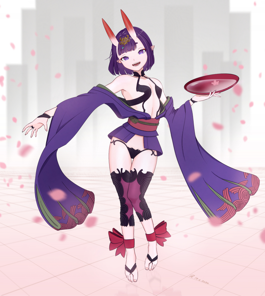 1girl absurdres alcohol breasts cup fate/grand_order fate_(series) full_body highres horns japanese_clothes kimono looking_at_viewer mupp oni open_mouth petals purple_eyes purple_hair purple_kimono sakazuki sake short_hair shuten_douji_(fate) skin-covered_horns small_breasts smile solo thigh_gap toes
