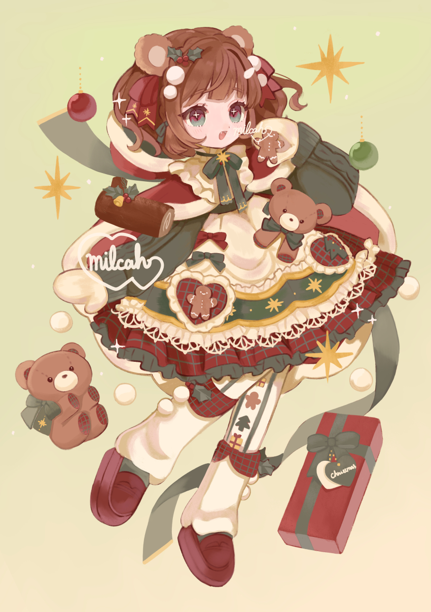 1girl absurdres animal_ears artist_name bear_ears blush bow bowtie brown_hair cape christmas cookie dress eyelashes fang food frilled_dress frills full_body gift gingerbread_man gloves green_background green_bow green_bowtie green_ribbon hair_ornament highres hood hooded_cape long_sleeves looking_at_viewer milcah multicolored_eyes open_mouth original red_bow red_cape red_shoes ribbon shoes short_hair socks solo stuffed_animal stuffed_toy teddy_bear tongue two-tone_eyes white_gloves wispy_bangs