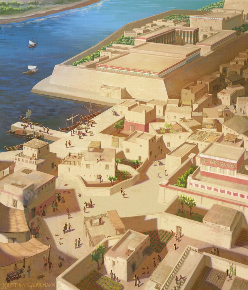 ancient_egyptian_architecture artist_name boat day egypt highres kristinadraws original outdoors river water watercraft