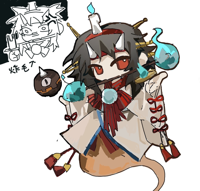 1other aaayamitsu androgynous black_hair blue_fire burabura candle_on_head chibi chinese_text commentary fire ghost_tail hair_ornament hairband hairclip headband highres horns japanese_clothes kimono len&#039;en long_hair long_sleeves mouth_hold no_sclera object_on_head other_focus red_eyes red_hairband red_headband red_ribbon ribbon simple_background sketch symbol-only_commentary taira_no_chouki tassel translation_request white_background white_horns white_kimono wide_sleeves