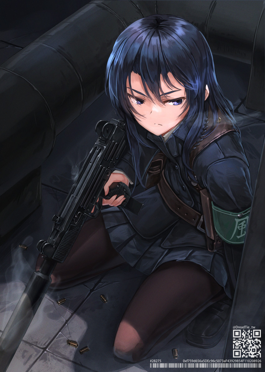 1girl absurdres black_eyes black_footwear black_hair black_jacket black_legwear black_skirt closed_mouth dreadtie full_body gun highres holding holding_gun holding_weapon jacket long_hair long_sleeves machine_pistol original qr_code shell_casing skirt solo submachine_gun suppressor trigger_discipline uzi weapon