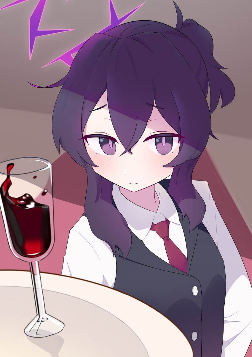 1girl absurdres alcohol black_vest blue_archive blush brown_background buttons closed_mouth collared_shirt commentary crossed_bangs cup double-parted_bangs drinking_glass furrowed_brow hair_between_eyes halo haruka_(blue_archive) haruka_(suit)_(blue_archive) highres lcz light_smile long_sleeves looking_at_viewer medium_hair necktie official_alternate_costume official_alternate_hairstyle ponytail purple_eyes purple_hair purple_halo purple_pupils red_necktie shirt short_ponytail sidelocks simple_background solo split_mouth symbol-only_commentary tray upper_body vest white_shirt wine wine_glass