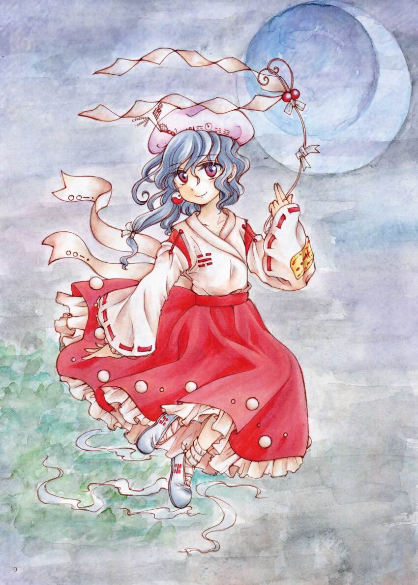 1girl absurdres ankle_socks blue_hair breasts closed_mouth commentary_request detached_sleeves earrings flat_chest flats frilled_skirt frills full_body gohei happy hat highres holding holding_gohei io_(maryann_blue) japanese_clothes jewelry kimono long_sleeves medium_breasts miko moon moonlight&#039;s_anti-soul_(touhou) night night_sky ofuda portrait_of_exotic_girls purple_eyes red_skirt ribbon-trimmed_sleeves ribbon_trim sash skirt sky smile socks solo touhou trigram wavy_hair white_footwear white_hat white_kimono white_sash white_socks wide_sleeves yin_yang yin_yang_earrings