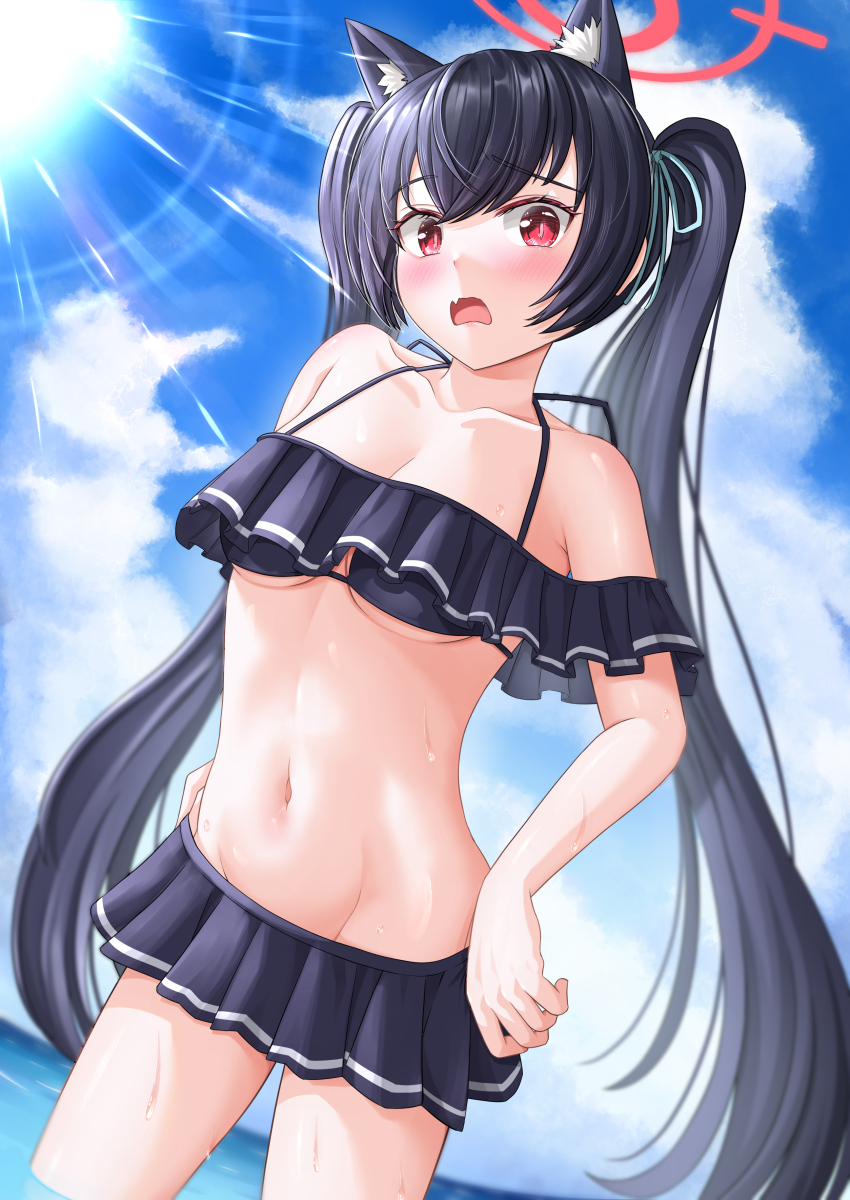 1girl absurdres animal_ear_fluff animal_ears bare_shoulders bikini black_bikini blue_archive blue_ribbon blue_sky blush breasts bright_pupils cat_ears cat_girl cleavage cloud collarbone colored_eyelashes commentary cowboy_shot cumulonimbus_cloud day dutch_angle extra_ears eyelashes fang frilled_bikini frills frown gamel_120 groin hair_between_eyes hair_ribbon halo halterneck hands_on_own_hips highres long_hair looking_at_viewer medium_breasts navel ocean off-shoulder_bikini off_shoulder official_alternate_costume open_mouth outdoors red_eyes red_halo ribbon serika_(blue_archive) serika_(swimsuit)_(blue_archive) sidelighting skin_fang sky slit_pupils solo stomach straight_hair sunlight swimsuit twintails underboob very_long_hair wading wet